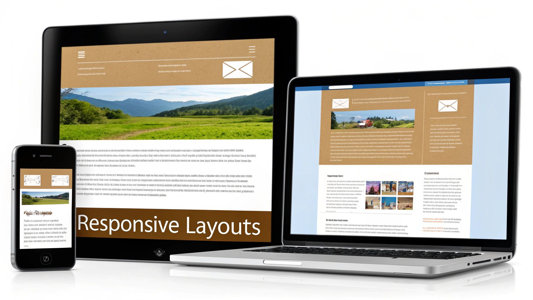 Smartphone, tablet, and laptop showcasing a responsive HTML email template on various screen sizes.