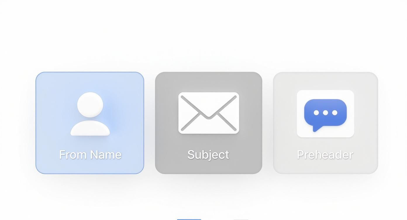 Three neumorphic cards displaying email elements: 'From Name' with a person icon, 'Subject' with an envelope, and 'Preheader' with a chat bubble.