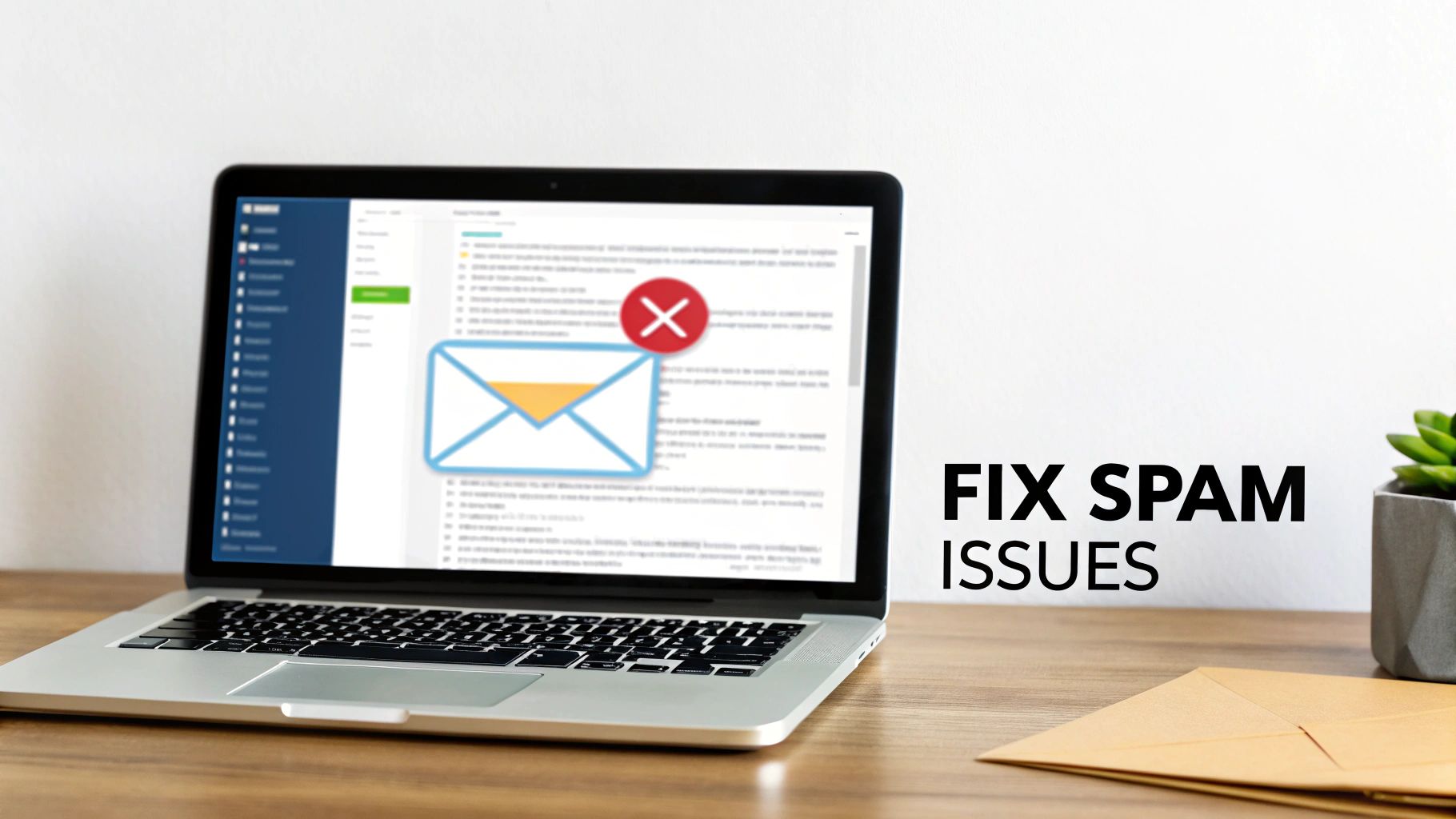 A laptop screen displays an email with a red 'X' and 'FIX SPAM ISSUES' text.