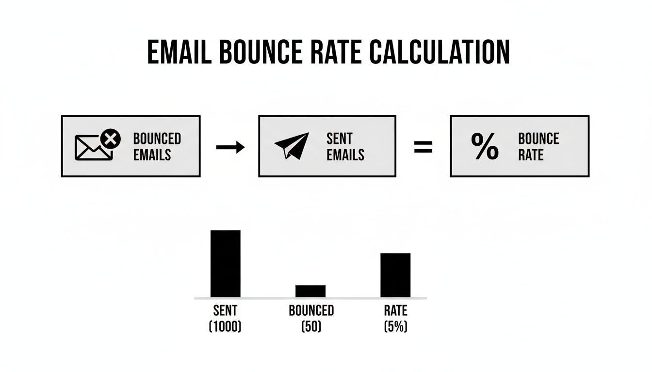 Email bounce rate calculation diagram illustrating the formula (bounced emails / sent emails) and a numerical example.