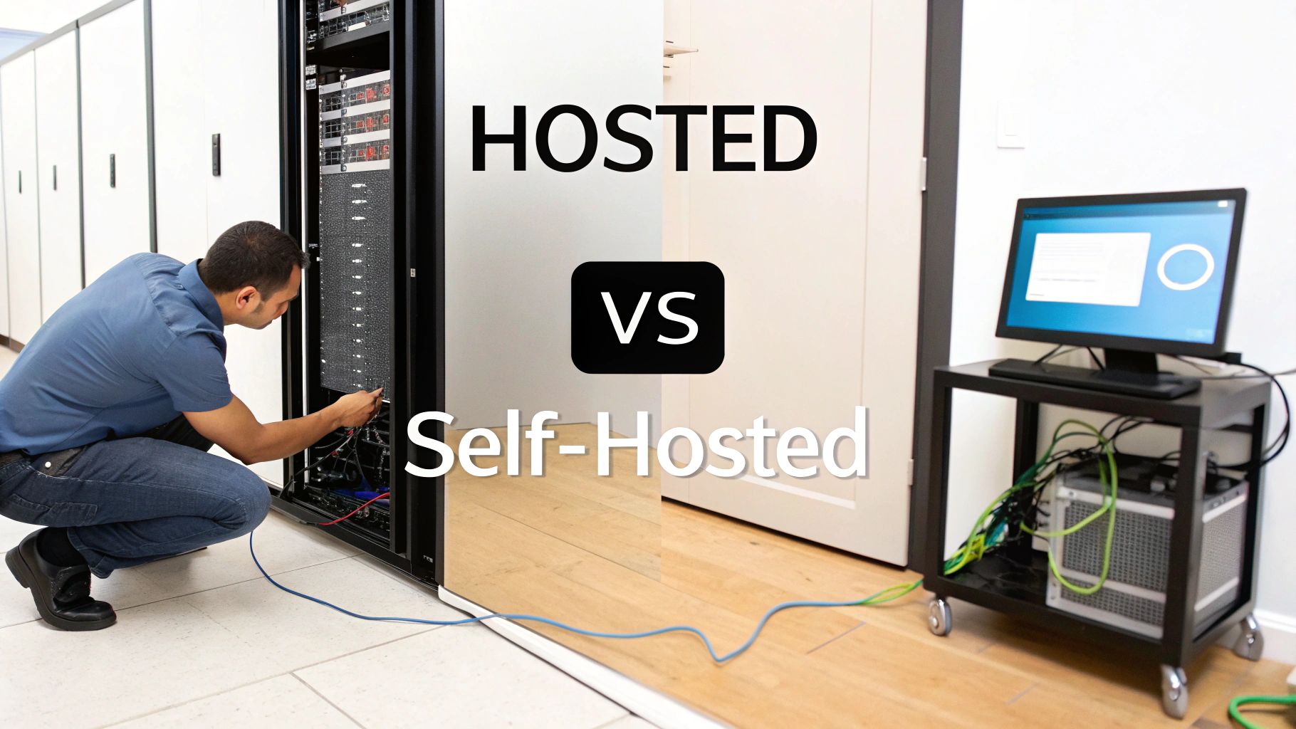 A man works on a server rack next to a self-hosted computer setup, comparing 'HOSTED VS Self-Hosted'.