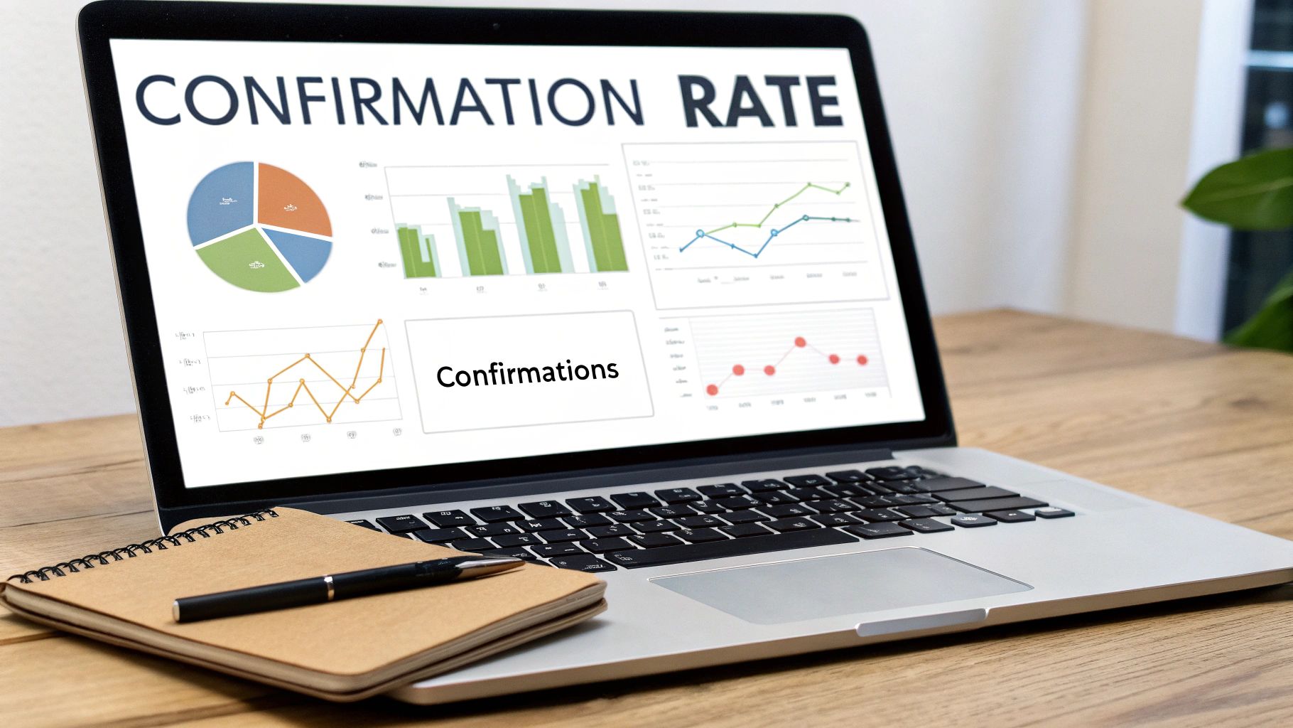 Laptop screen displaying confirmation rate analytics dashboard with charts and graphs showing email marketing metrics