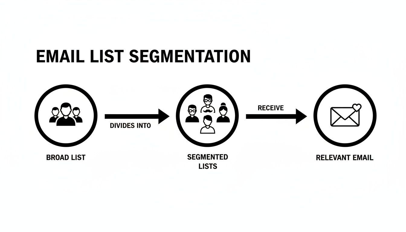 Diagram illustrating email list segmentation from a broad list into segmented lists to receive relevant emails.
