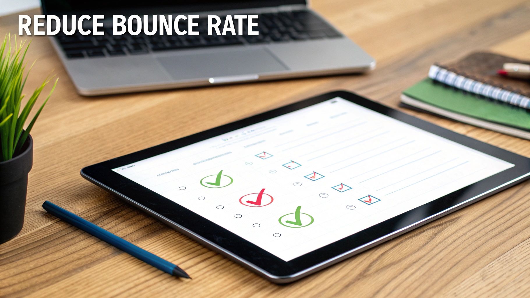 Desk setup with a tablet displaying a survey and a laptop, emphasizing reducing bounce rate.