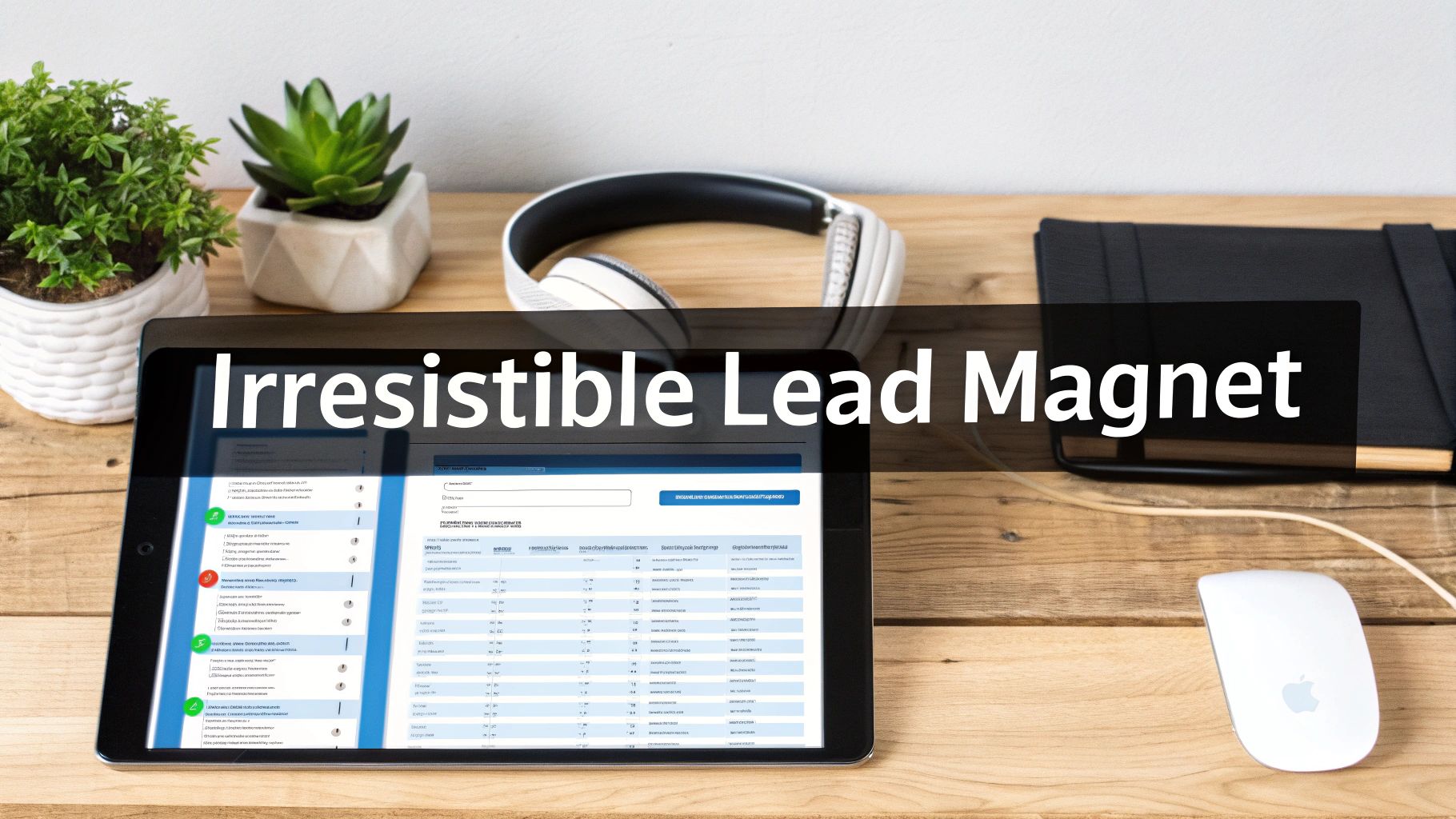 A workspace with a tablet displaying data, white headphones, an Apple mouse, and potted plants, overlaid with 'Irresistible Lead Magnet'.