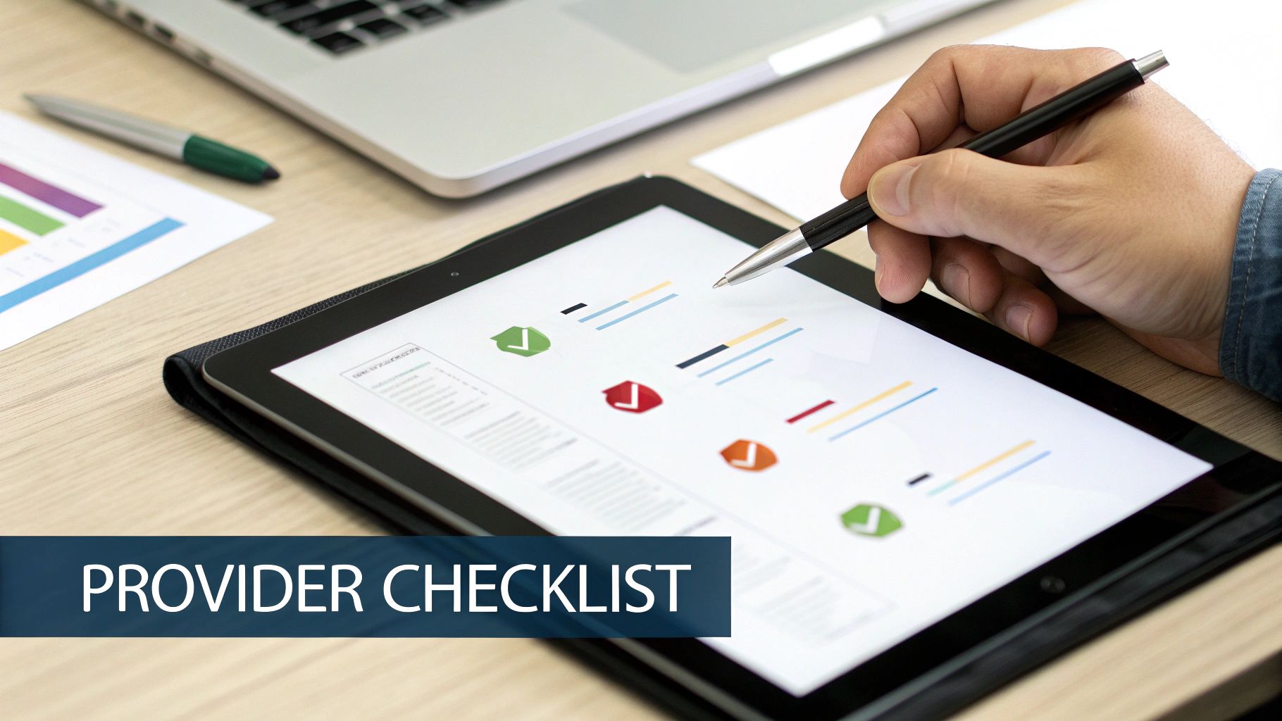 A hand uses a stylus on a tablet displaying a digital provider checklist with status icons.