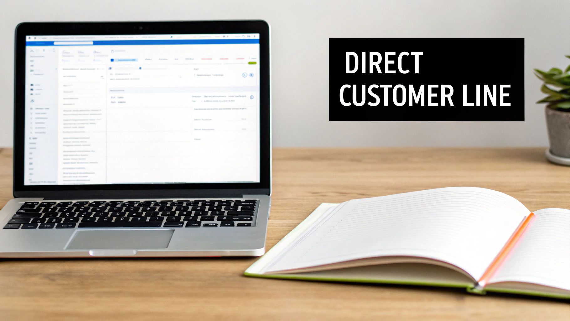 A laptop, open notebook, and a sign 'DIRECT CUSTOMER LINE' on a wooden desk.