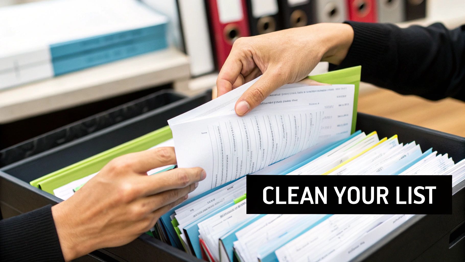 Hands organizing colorful folders and documents in office desk drawer for better email list management