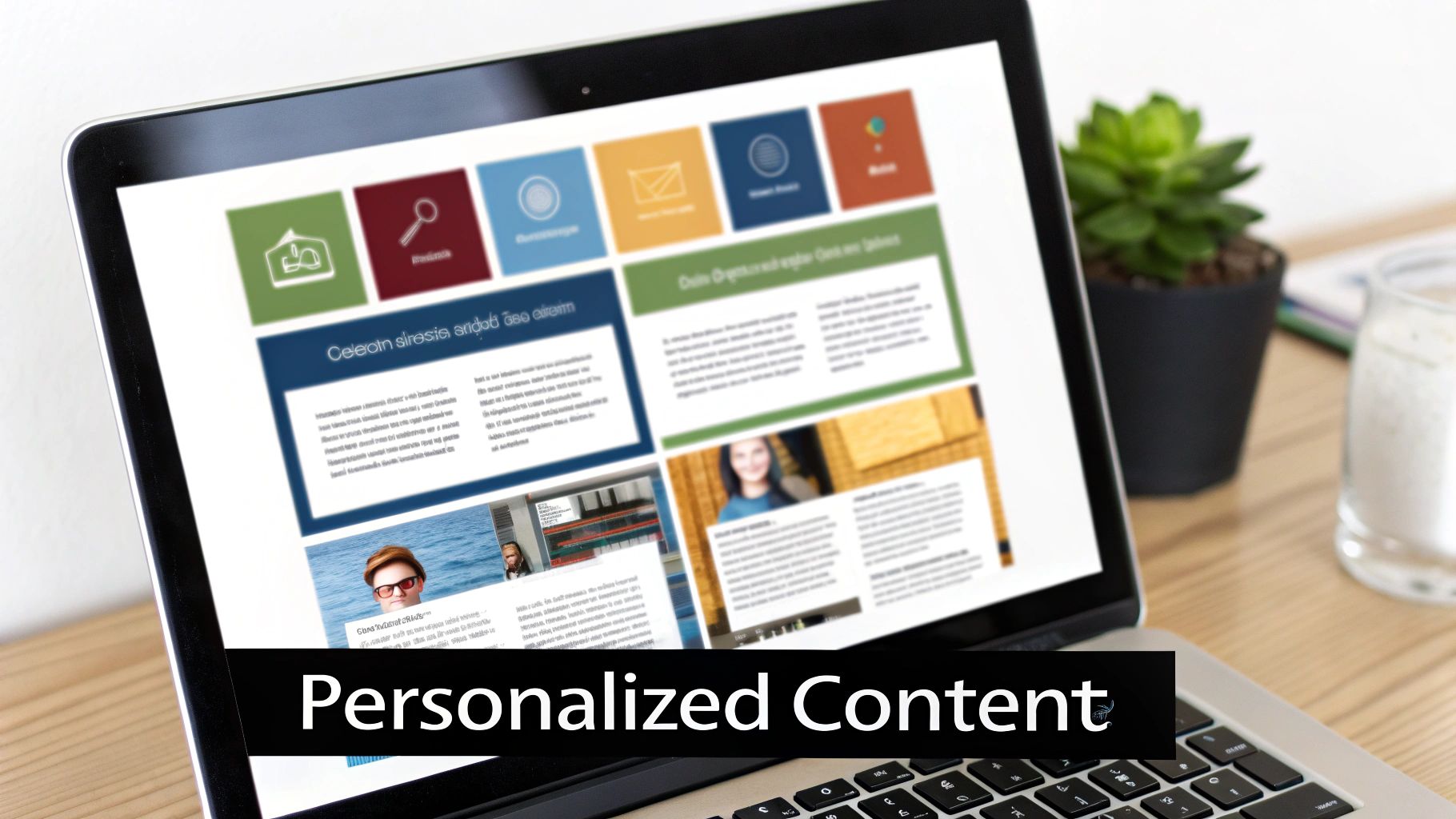 A laptop on a wooden desk displaying a website featuring personalized content, text, and images with icons.