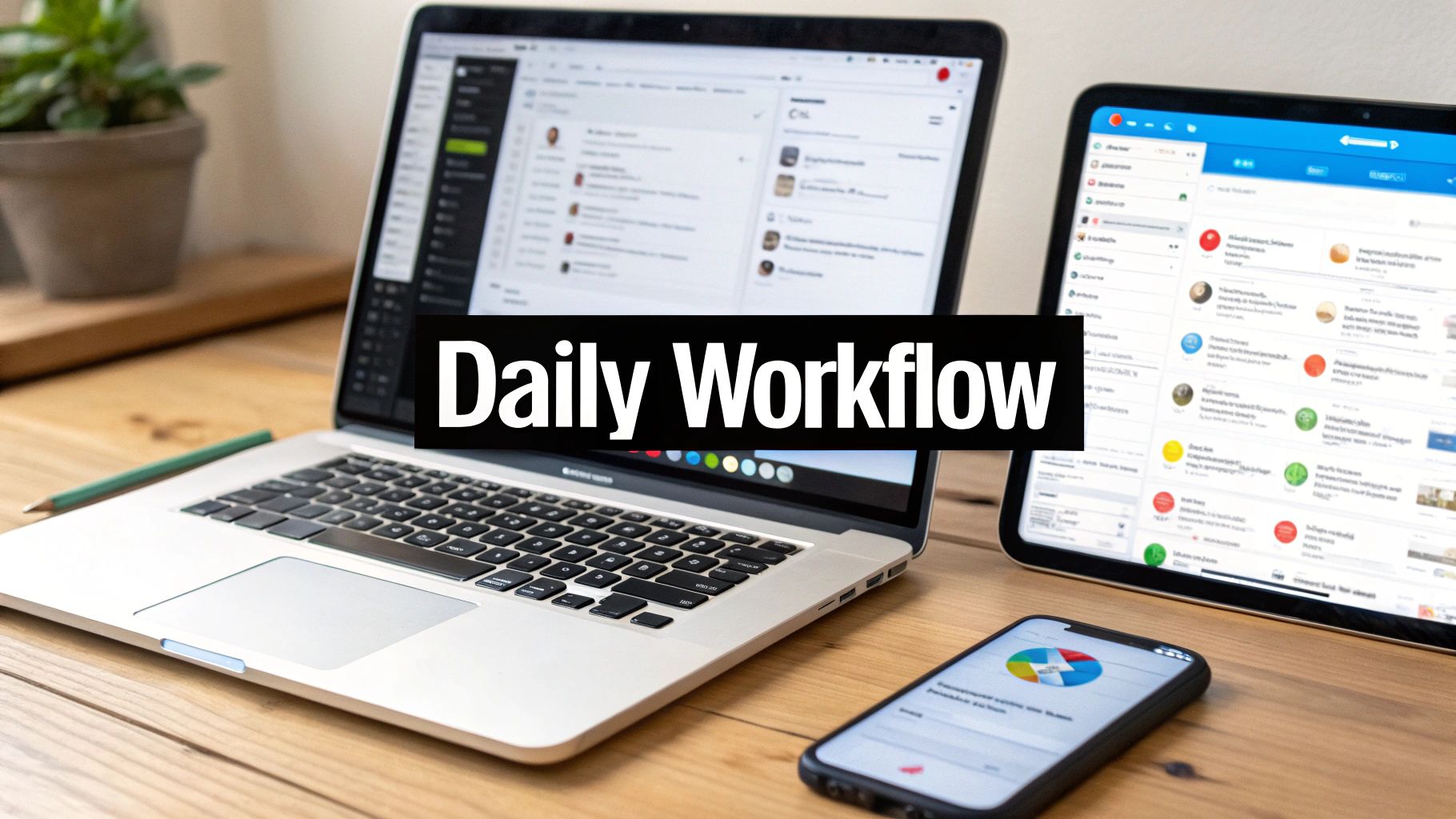 A laptop, tablet, and smartphone displaying various apps on a wooden desk with 'Daily Workflow' text.