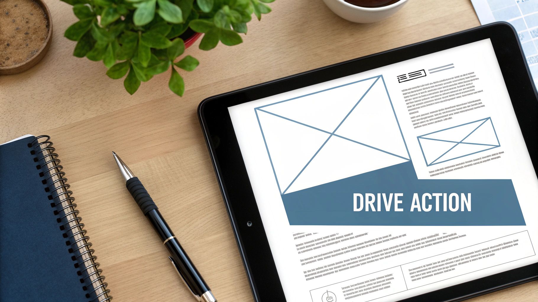 A digital marketing professional designing an email layout on a computer screen, with various design elements visible.