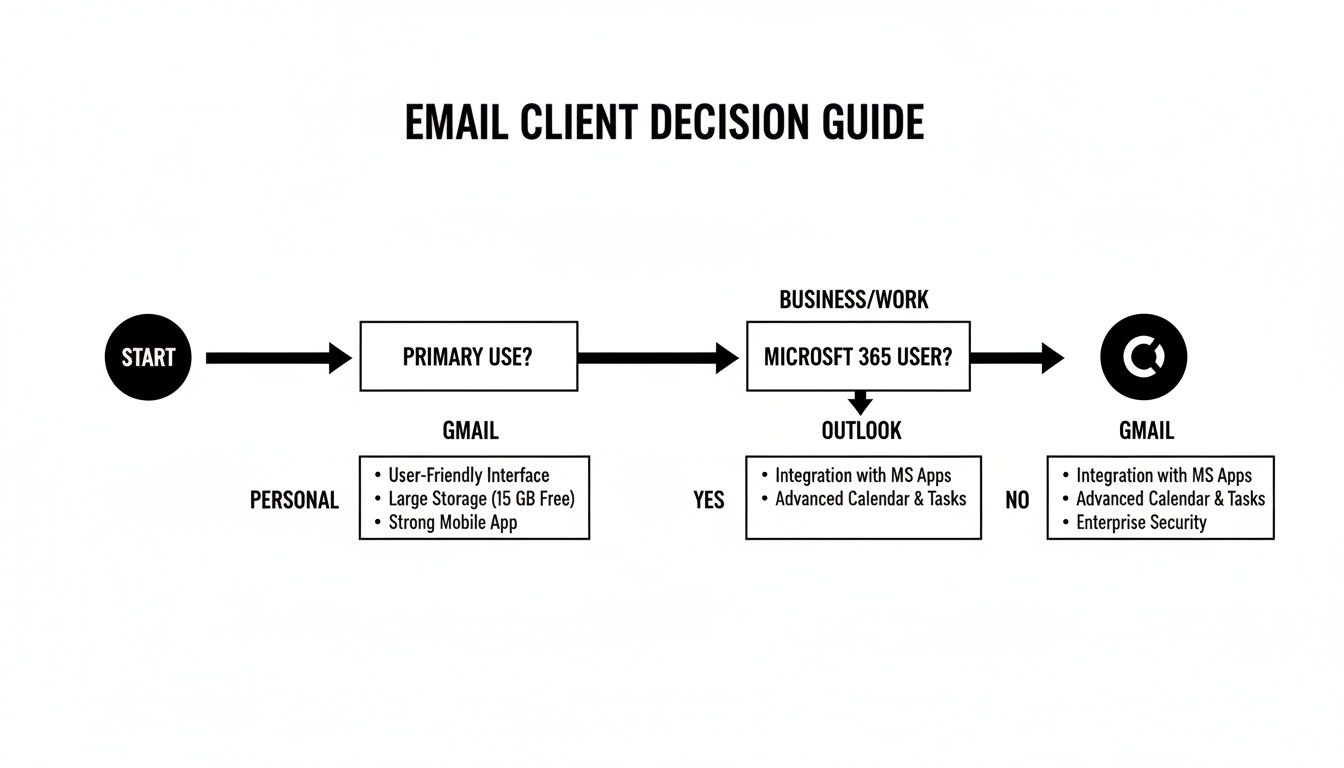 Flowchart guiding users to choose between Gmail and Outlook based on primary use and Microsoft 365 status.