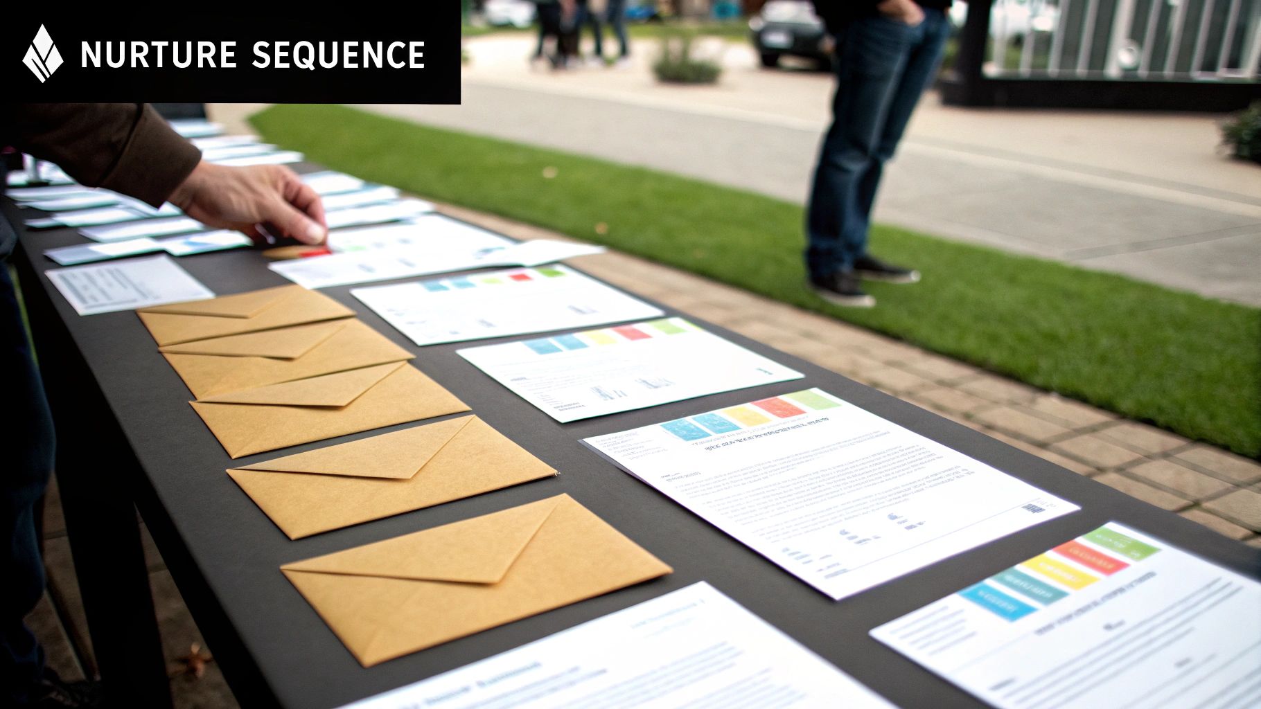 A person's hand arranging various marketing materials, including envelopes and documents, on a black table outdoors.