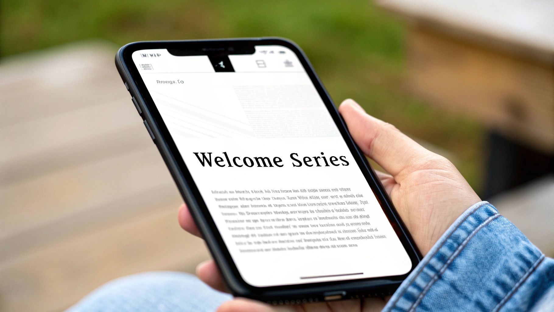 A person's hand holds a smartphone displaying a webpage with a 'Welcome Series' title.