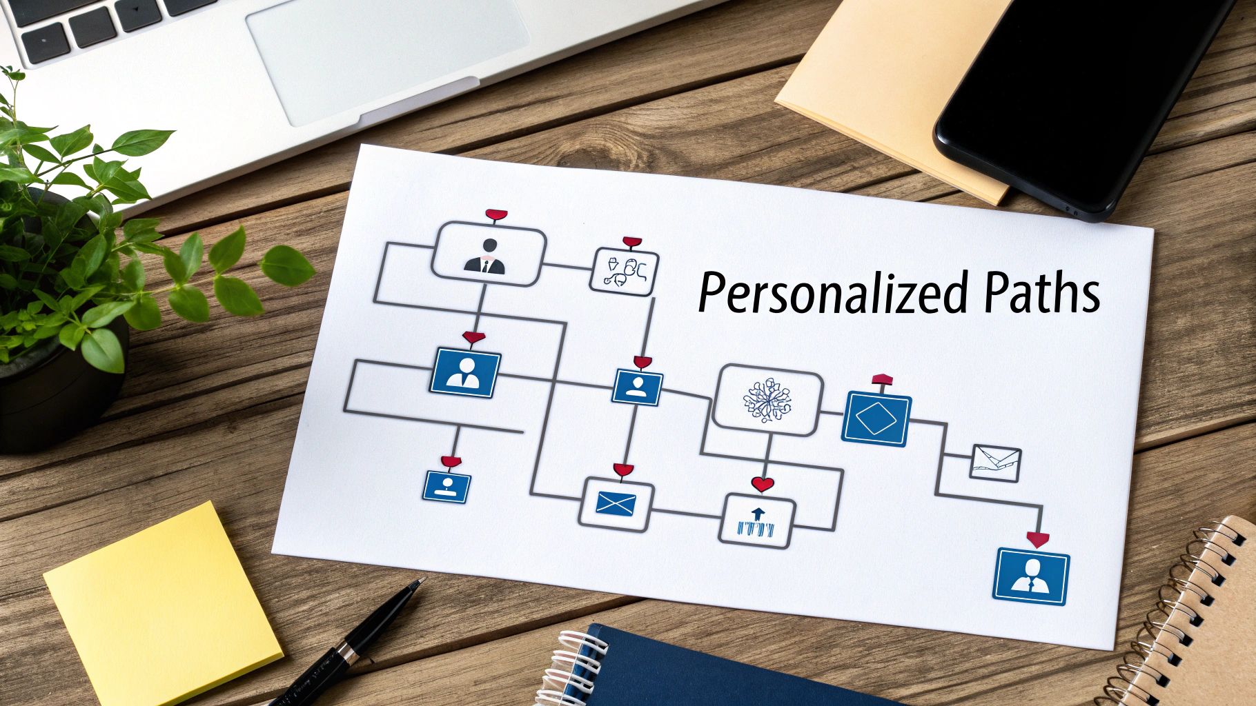 Flowchart titled 'Personalized Paths' with interconnected user and process icons on a wooden desk.