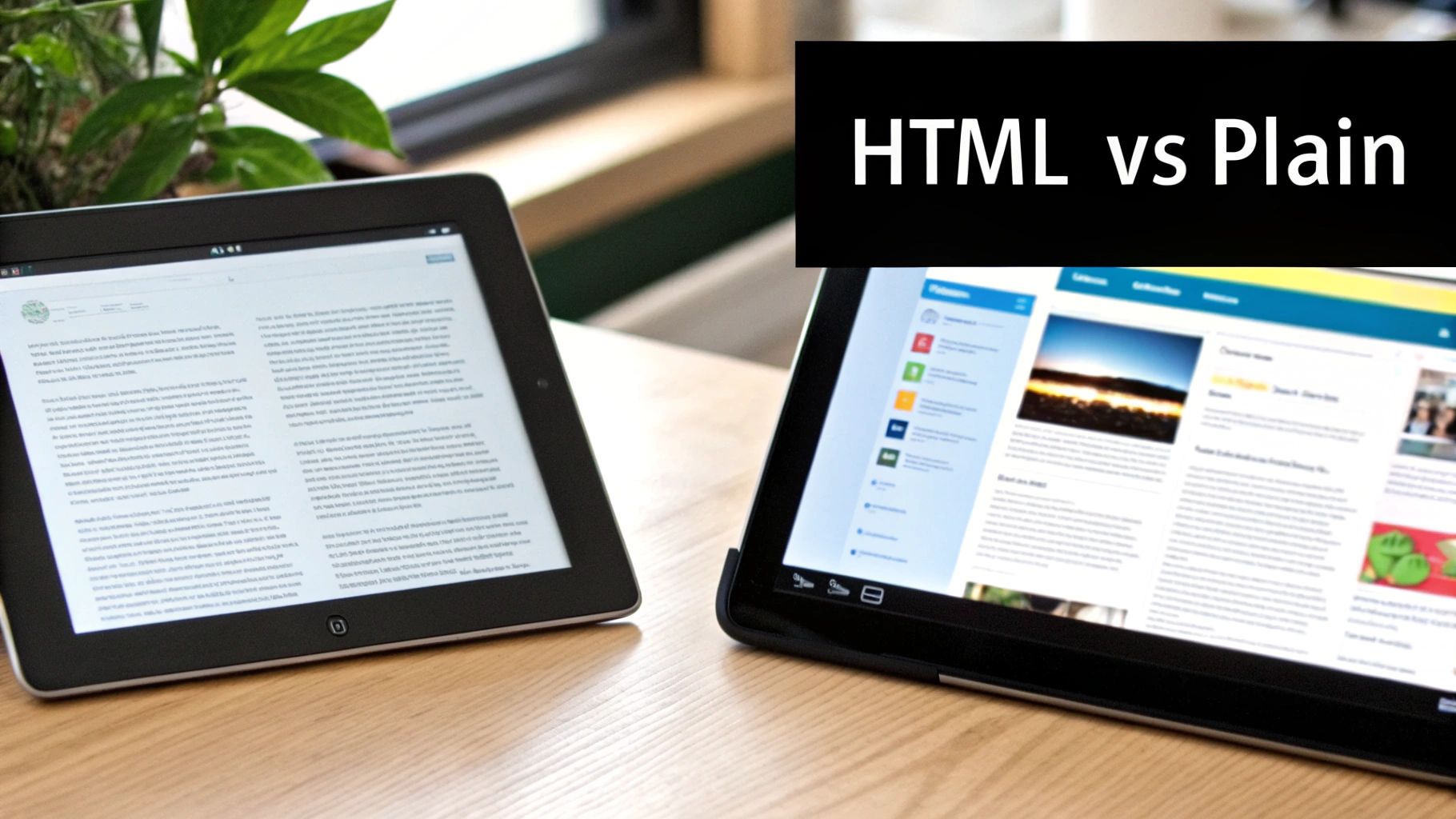 Two tablets on a wooden desk comparing HTML versus plain text content display.