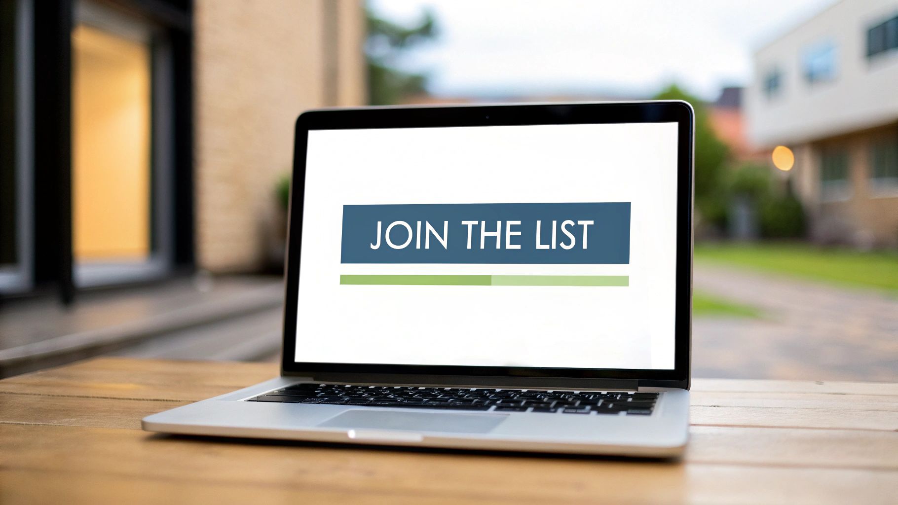 A laptop on a wooden table displays 'JOIN THE LIST' on its screen, prompting email sign-ups.