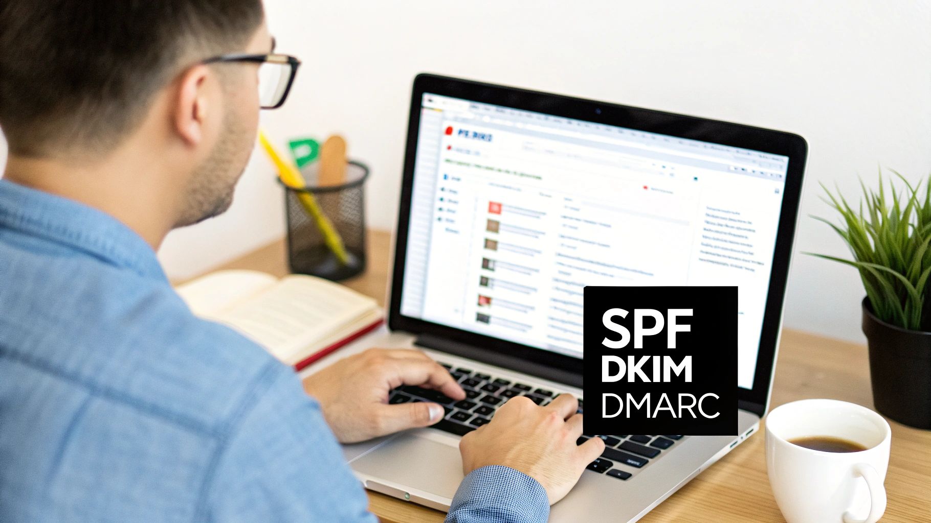 A man in glasses types on a laptop, with a coffee cup and plant on the desk, featuring SPF DKIM DMARC text.