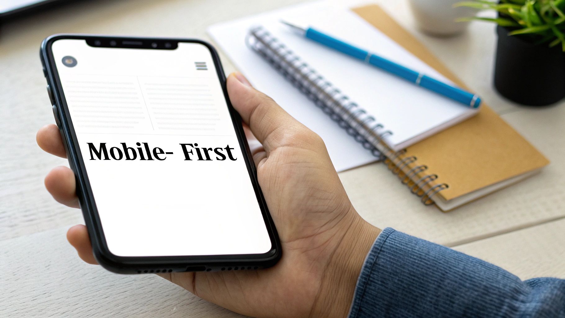 A person holds a smartphone displaying 'Mobile-First' on its screen, with desk items in the background.