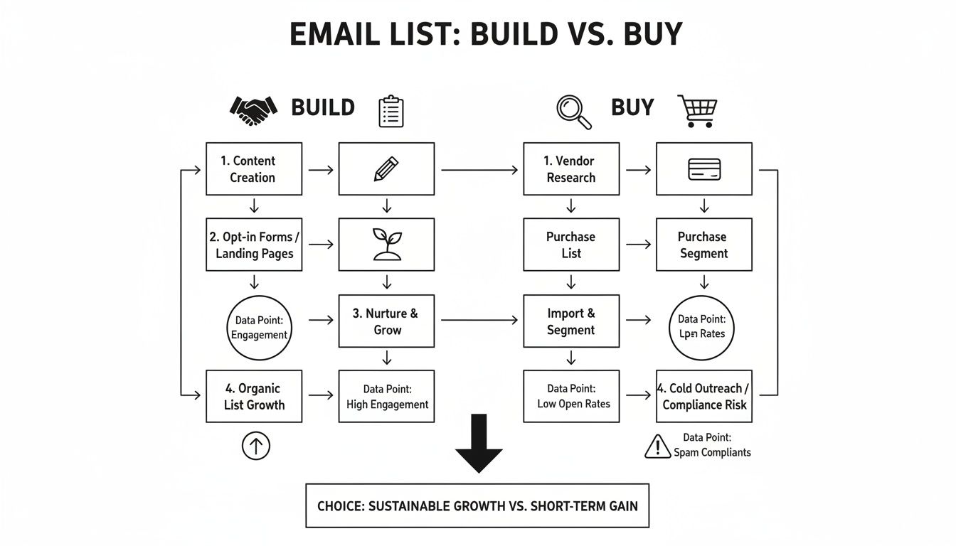 Diagram illustrating the build vs. buy strategies for email lists, highlighting sustainable growth versus short-term gain.