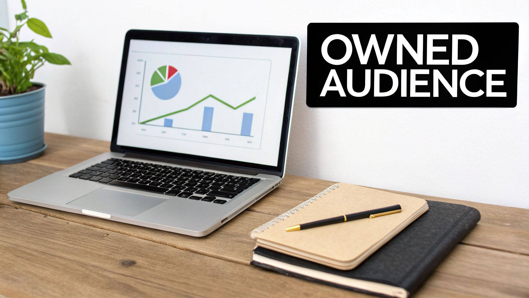 Laptop displaying a marketing data chart on a wooden desk with notebooks, a pen, and a plant, next to a black sign with 'OWNED AUDIENCE'.