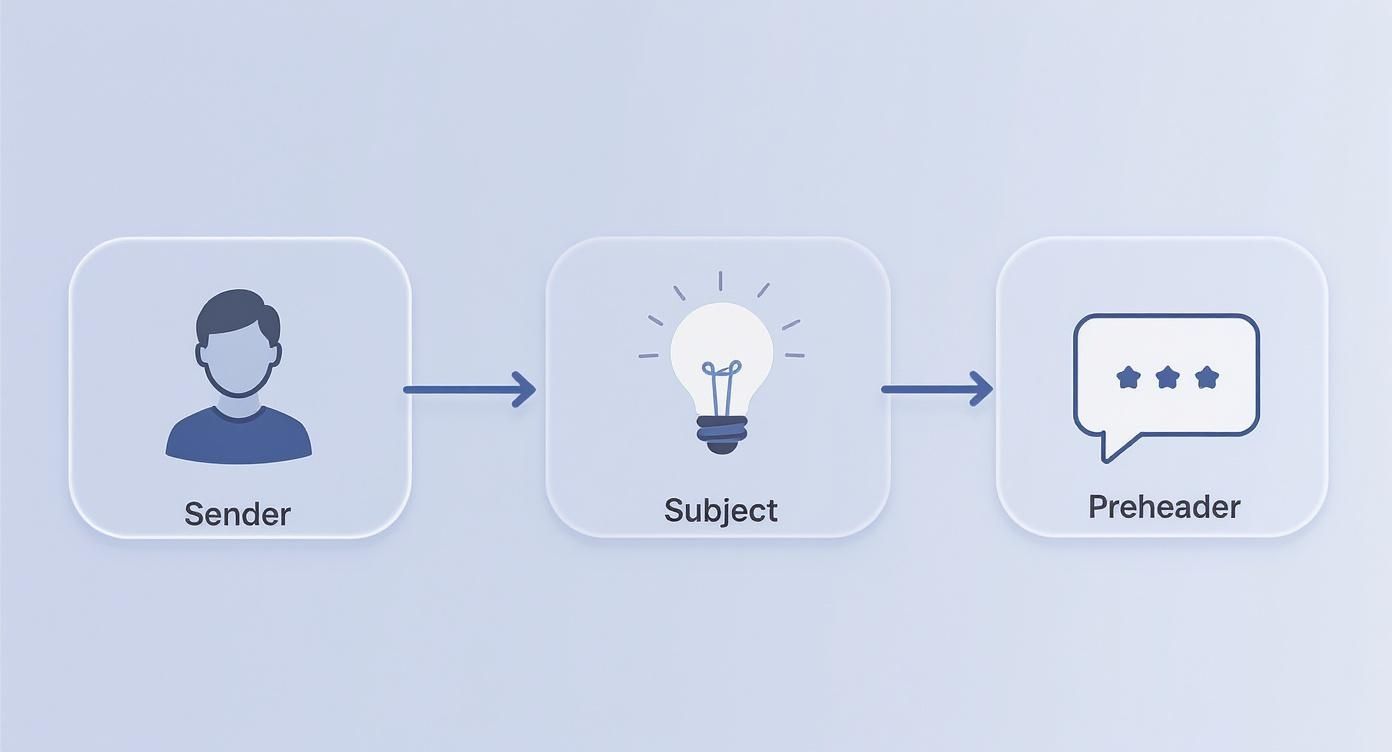 A diagram illustrating the key components of an email: Sender, Subject (lightbulb icon), and Preheader (chat bubble icon).