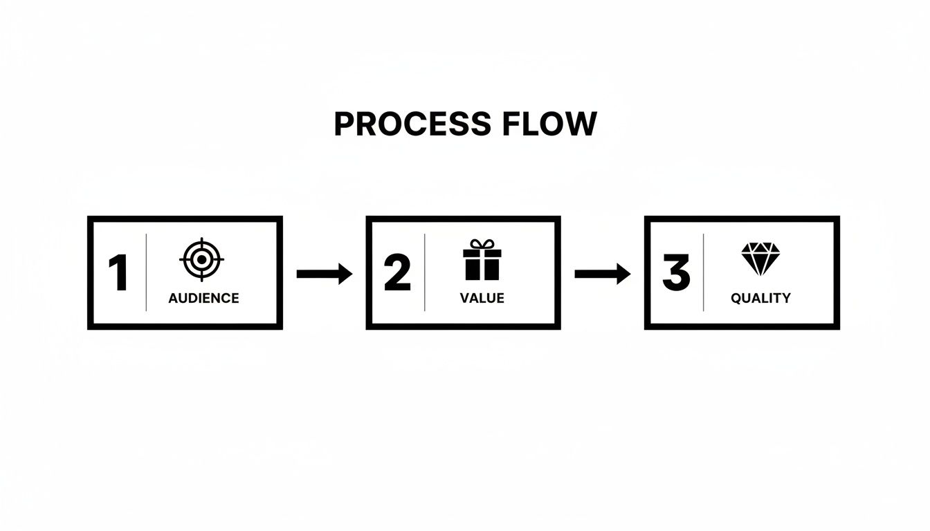 A process flow diagram with three steps: Audience, Value, and Quality, connected by arrows.