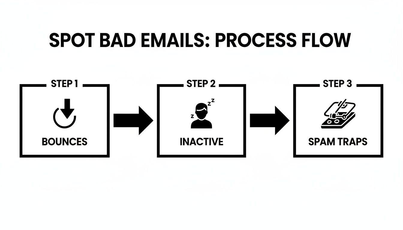 A three-step process flow illustrating how to spot bad emails: bounces, inactive users, and spam traps.