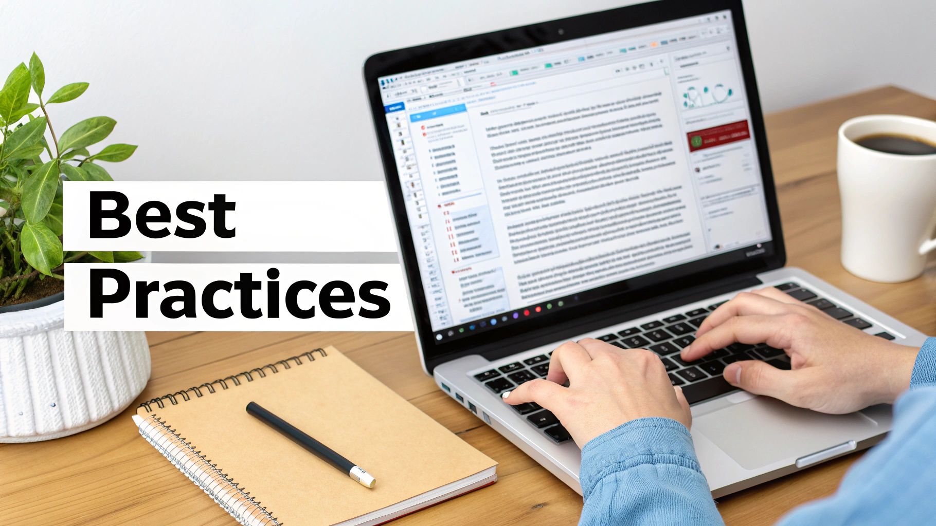 Hands typing on a laptop displaying 'Best Practices' text, with a plant and coffee on a desk.