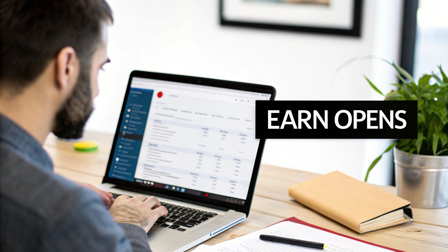 A person with a beard typing on a laptop with 'EARN OPENS' text, a plant, and a notebook on the desk.