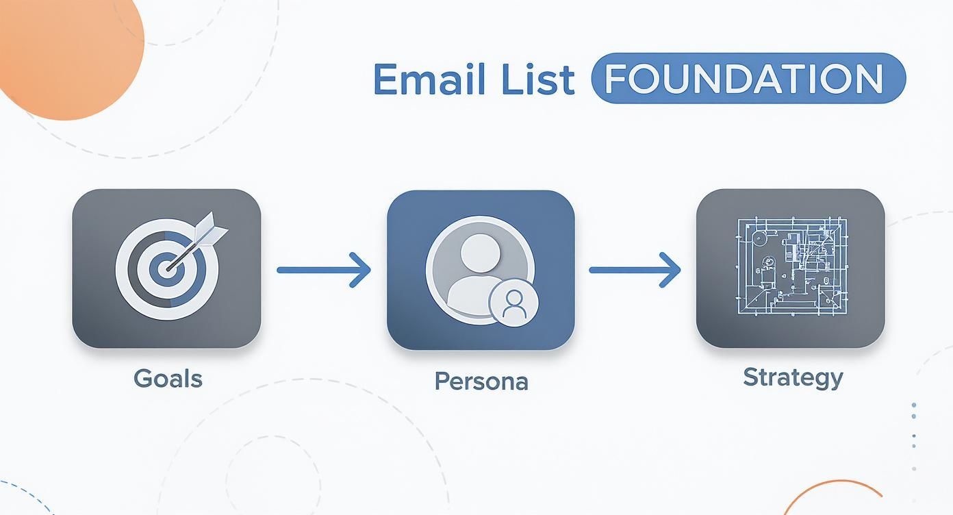 Diagram illustrating the foundation for building an email list: Goals, Persona, Strategy.