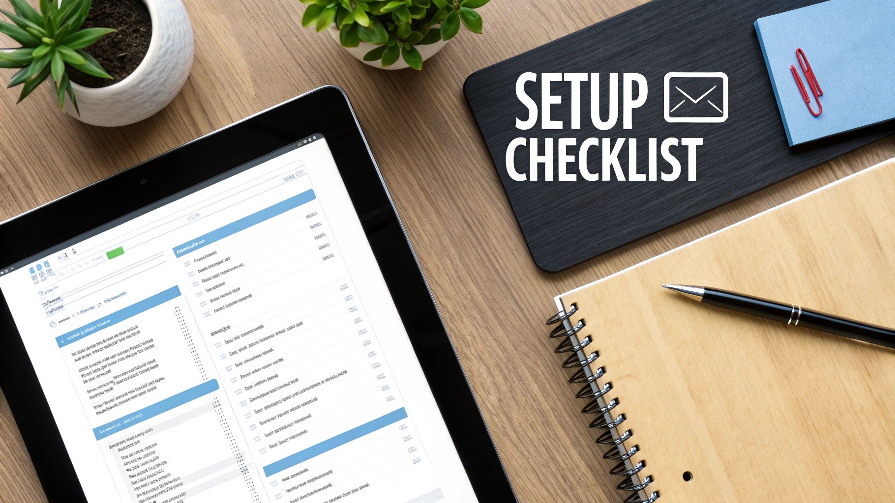 Email setup checklist displayed on tablet with notepad, pen, and office supplies on desk