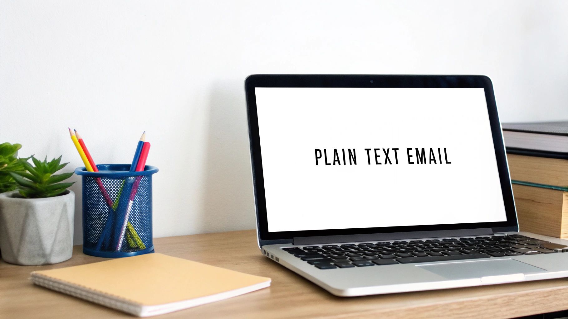 A laptop screen displays 'PLAIN TEXT EMAIL' on a desk with a plant, pencils, and notebook.