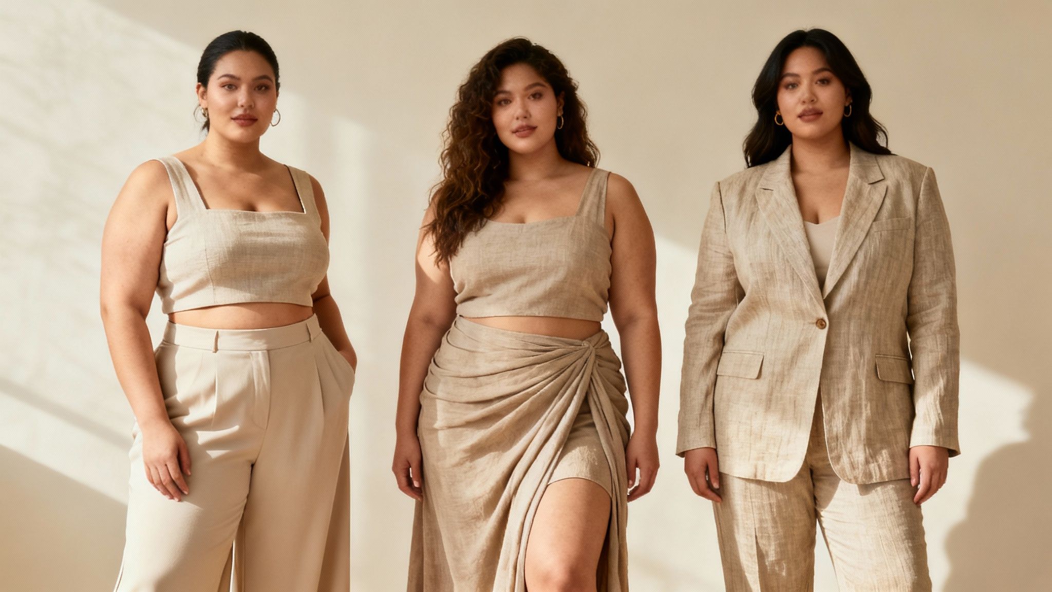 Woman in a field wearing a stylish patterned 2 piece outfit with a crop top and matching pants.