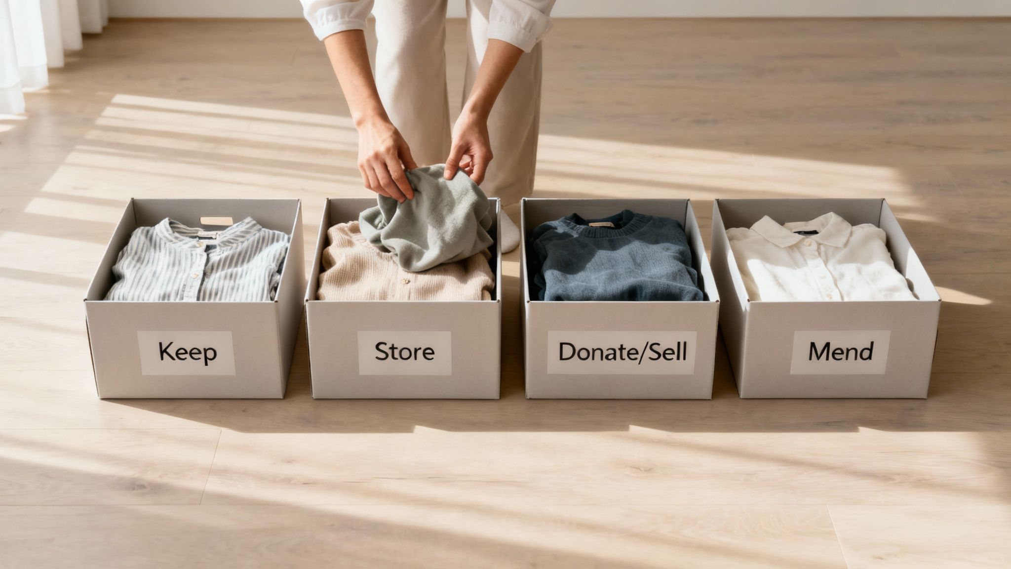 A woman with dark hair happily sorting through her neatly organized closet