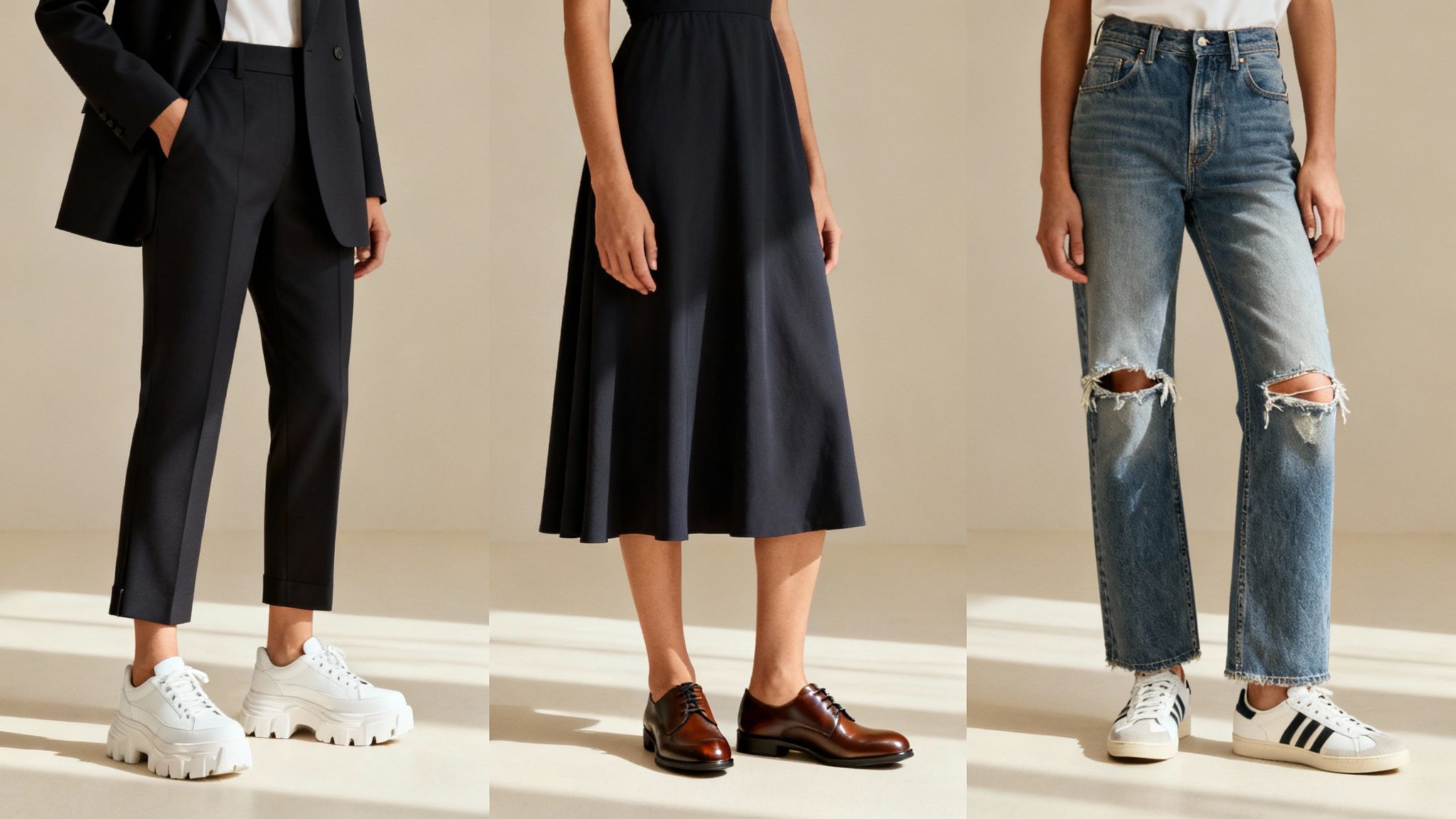 A woman confidently styling her designer sneakers with a chic, modern outfit.