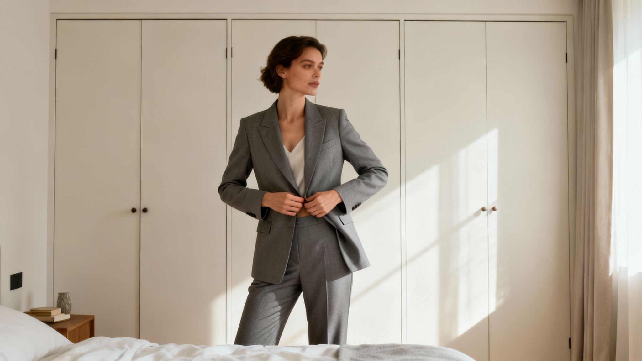 Woman wearing a stylish blue and white floral 2 piece outfit.