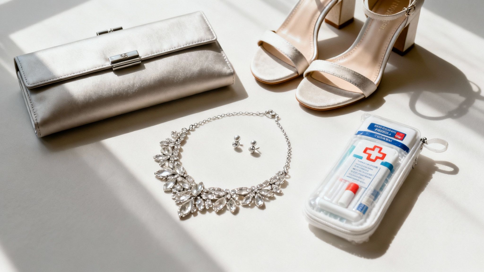 A woman wearing a stylish wedding guest outfit, complete with elegant jewelry and a clutch.