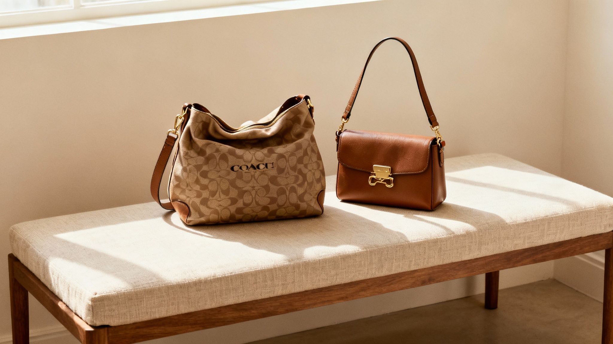 A woman holding a white Coach shoulder bag, showcasing its elegant and modern style.