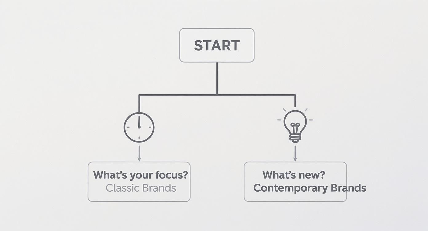 Flowchart showing brand selection process with classic brands and contemporary brands paths from start