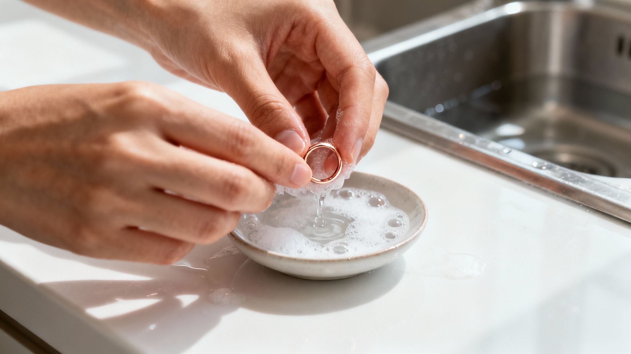 A close-up shot of a soft cloth gently polishing an 18k rose gold bracelet, highlighting its warm shine and delicate details.