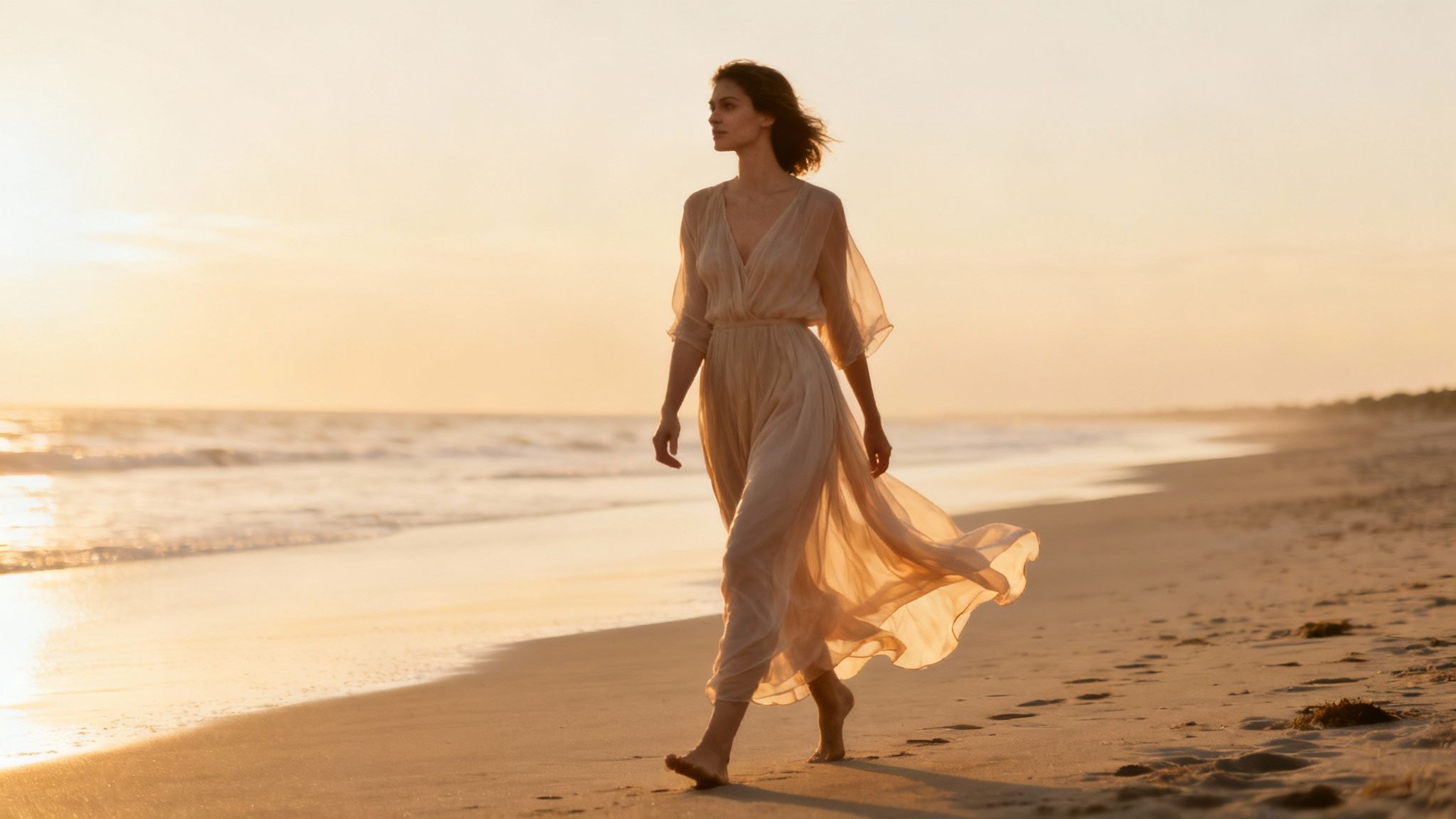 A woman confidently trying on a dress in a boutique fitting room