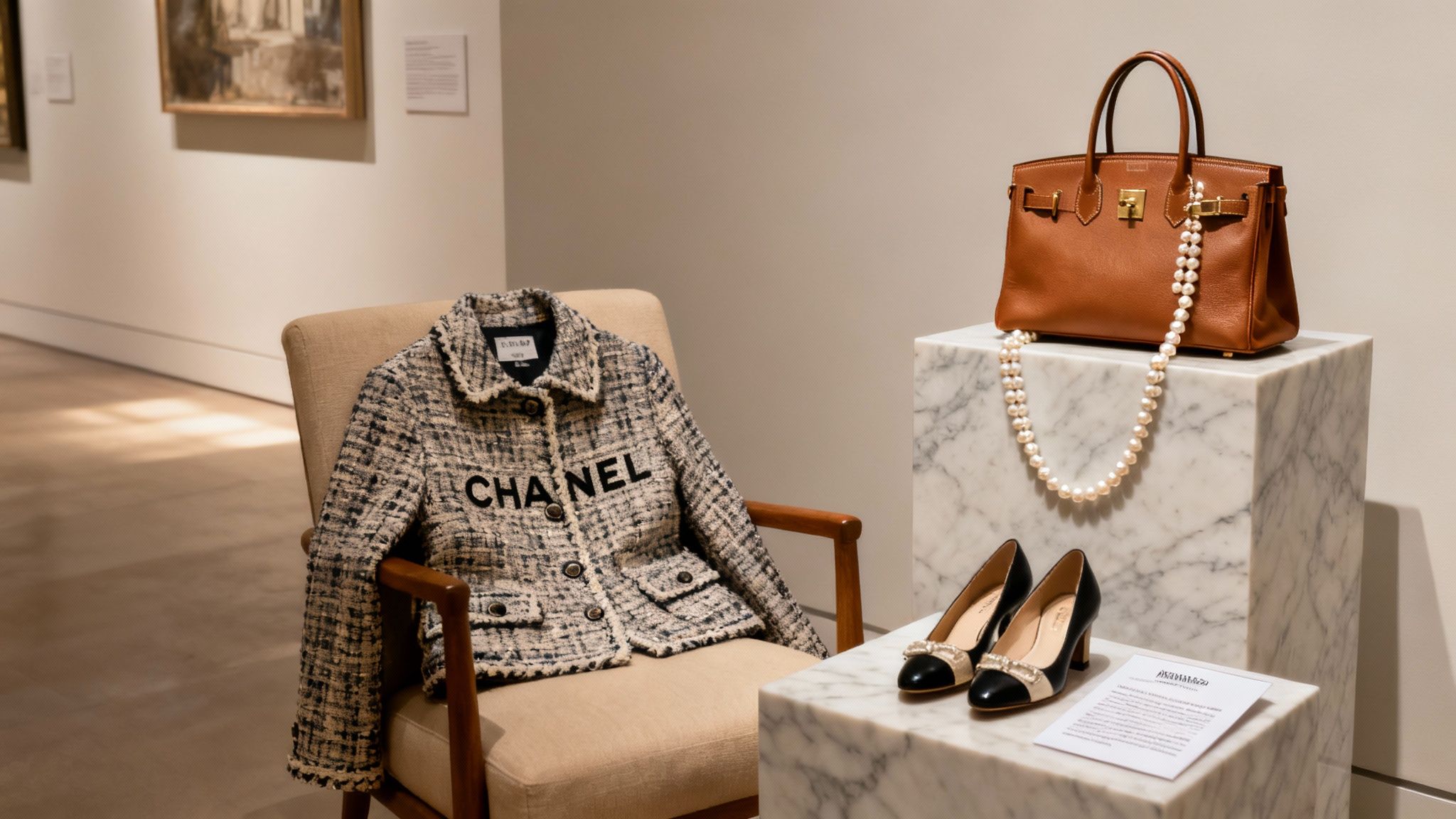 Luxury designer fashion display featuring Chanel tweed jacket, Hermes bag, pearls and heels
