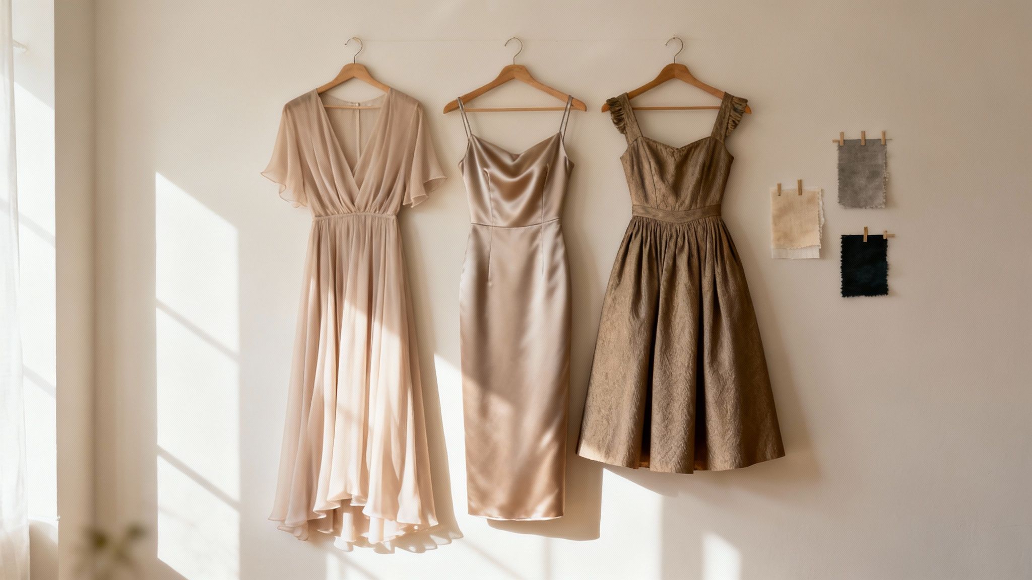 Elegant wedding guest dresses in different silhouettes and fabrics