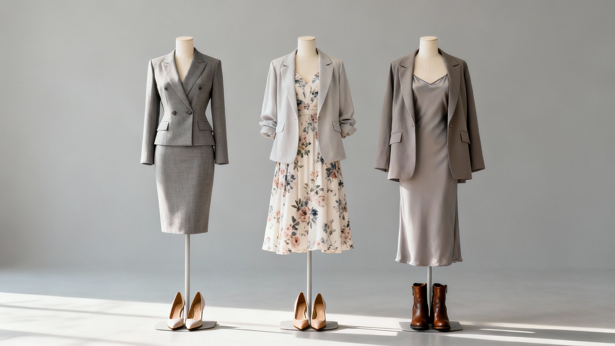 Mulher vestindo um vestido floral com um blazer claro.