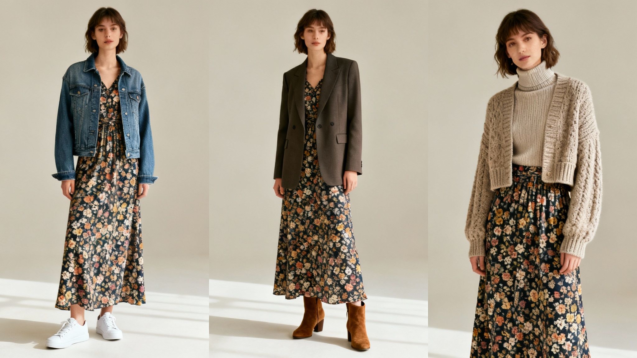 Mulher usando um casaco por cima de um vestido longo maxi