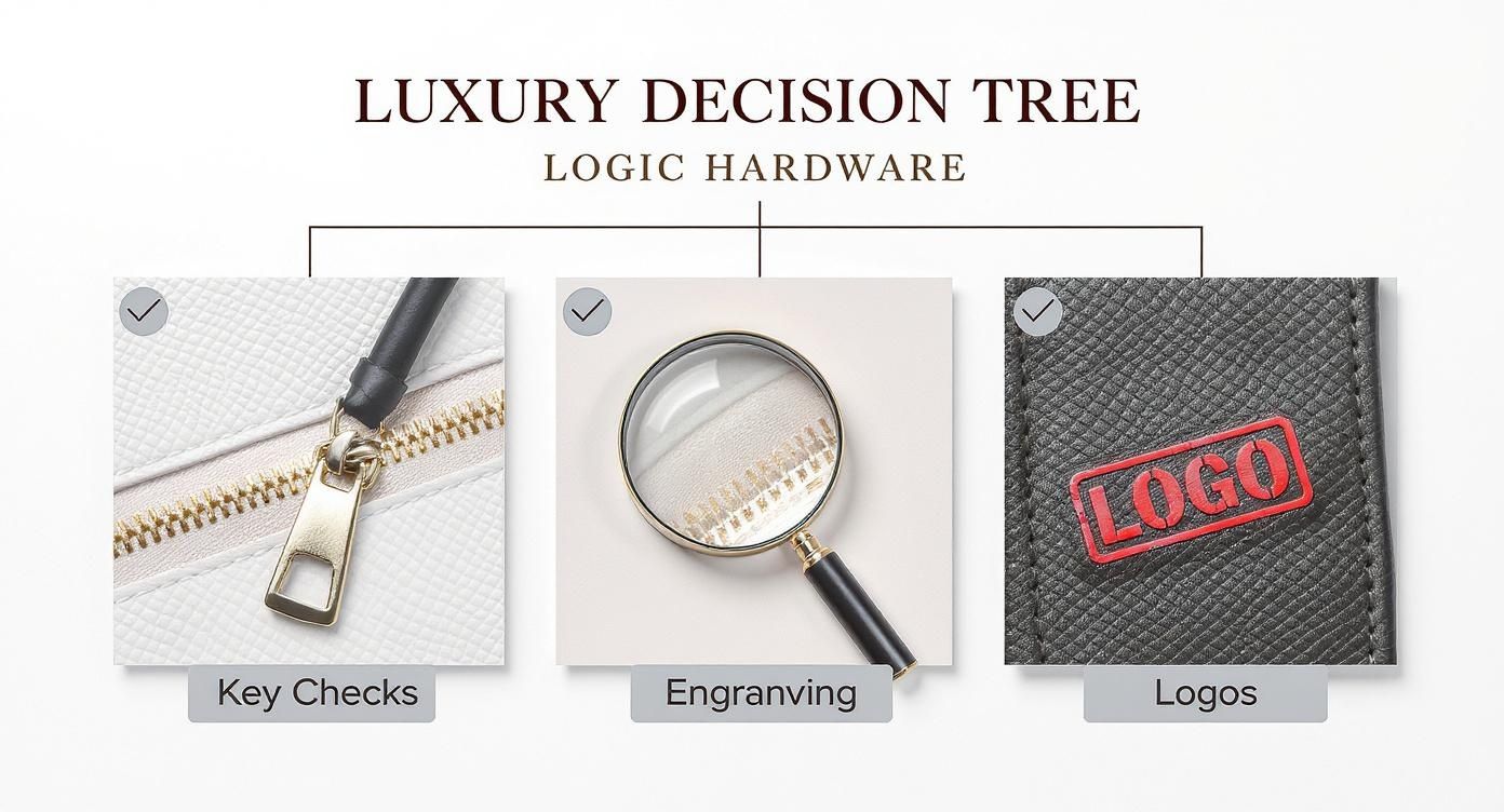 Luxury designer bag authentication decision tree showing key checks, engraving inspection, and logo verification methods