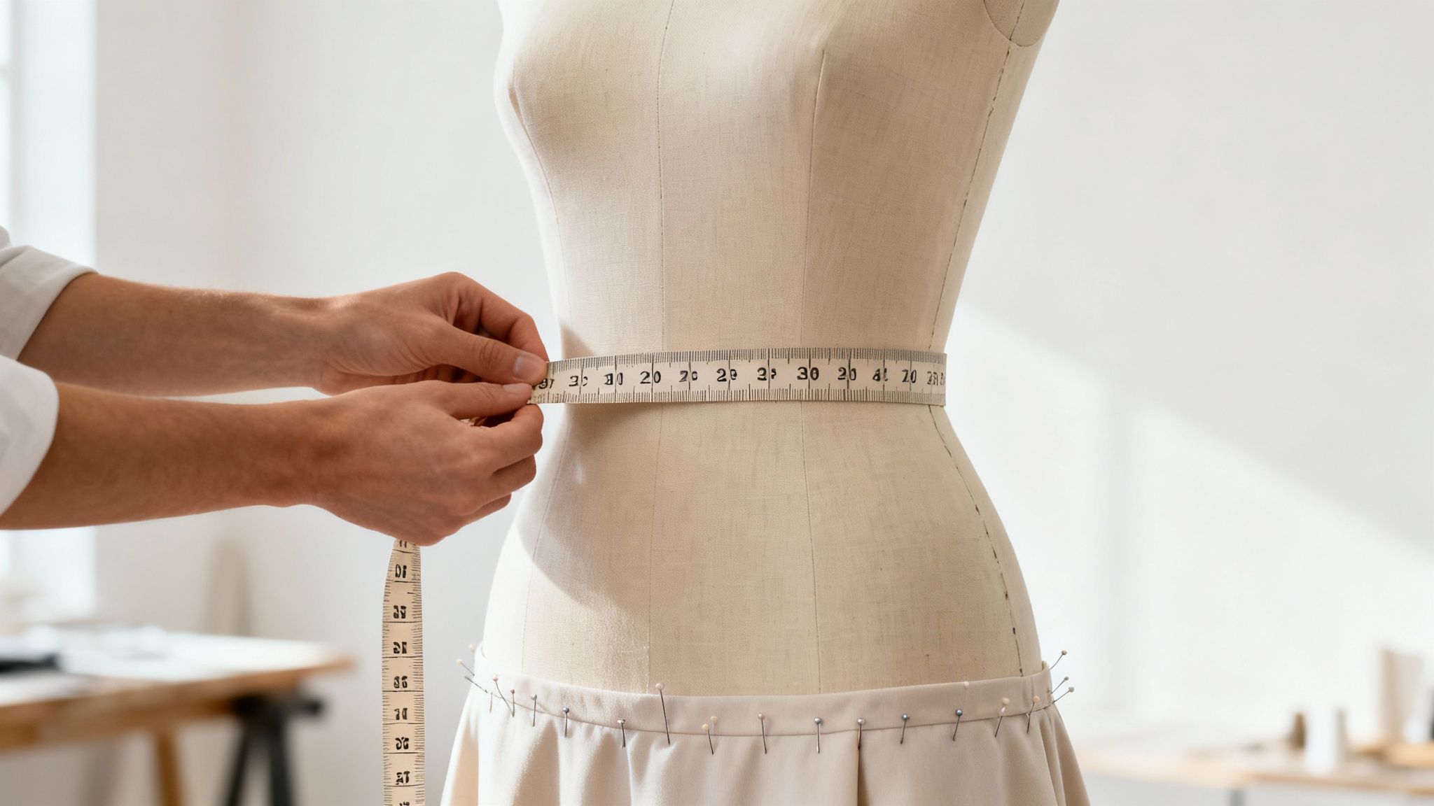 Uma costureira ajusta cuidadosamente a bainha de um elegante vestido fluido para ocasiões especiais.