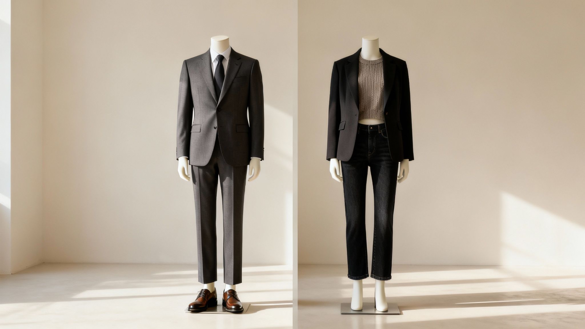 Woman confidently wearing a smart casual outfit with a blazer and dark jeans.