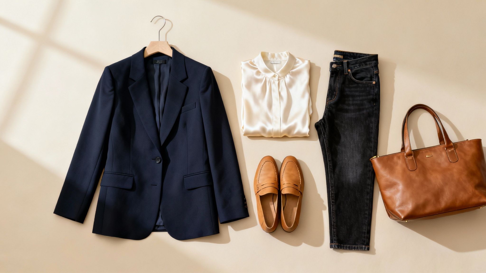 Uma mulher elegante com mais de 50 anos, vestindo peças básicas como blazer e jeans.